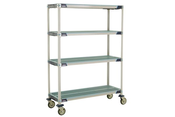 MetroMax i 4 shelf industrial plastic shelving mobile cart, open grid shelves
